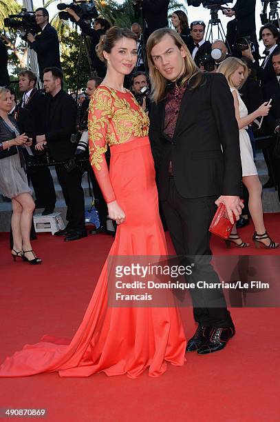 Sarah Barzyk and designer Christophe Guillarme attend the "Mr.Turner" Premiere at the 67th Annual Cannes Film Festival on May 15, 2014 in Cannes,...