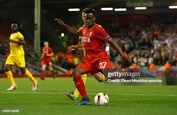 Divock Origi of Liverpool crosses the ball during the UEFA Europa League group B match between Liverpool FC and FC Sion at Anfield on October 1, 2015...