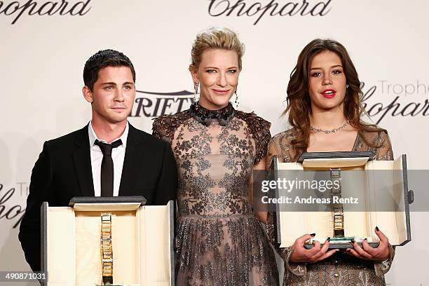 Actors Logan Lerman, Cate Blanchett and Adele Exarchopoulos pose onstage at the Chopard Trophy during the 67th Annual Cannes Film Festival on May 15,...