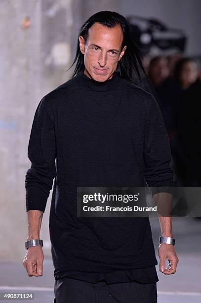 Designer Rick Owens walks the runway during the Rick Owens show as part of the Paris Fashion Week Womenswear Spring/Summer 2016 on October 1, 2015 in...