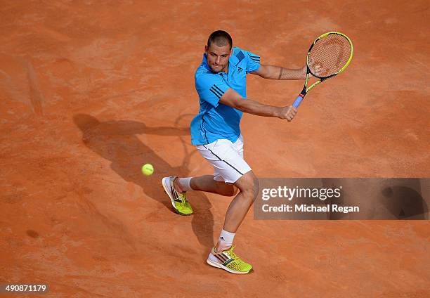 Mikhail Youzhny of Russia in action against Rafael Nadal of Spain during day 5 of the Internazionali BNL d'Italia 2014 on May 15, 2014 in Rome, Italy.