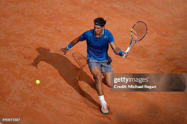 Rafael Nadal of Spain in action against Mikhail Youzhny of Russia during day 5 of the Internazionali BNL d'Italia 2014 on May 15, 2014 in Rome, Italy.