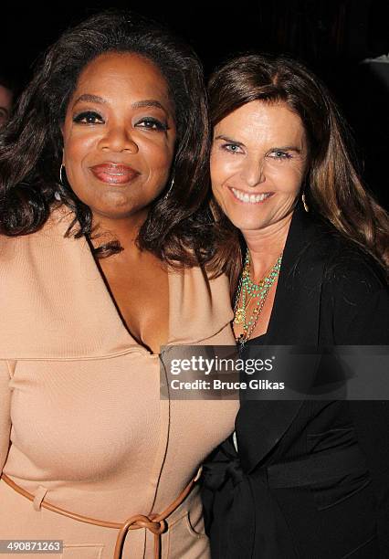 Oprah Winfrey and Maria Shriver pose backstage at the hit musical "After Midnight" on Broadway at The Brooks Atkinson Theater on May 15, 2014 in New...