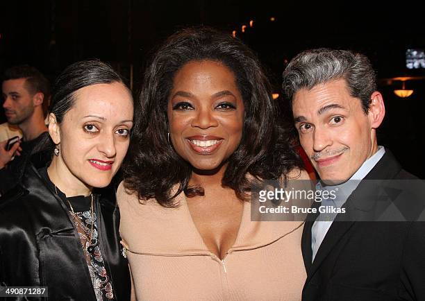 Costume designer Isabel Toledo, Oprah Winfrey and Ruben Toledo pose backstage at the hit musical "After Midnight" on Broadway at The Brooks Atkinson...