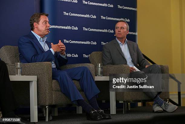 Ford Motor Company Executive Chairman Bill Ford speaks as Climate One Founder and host Greg Dalton looks on at the Commonwealth Club on October 1,...