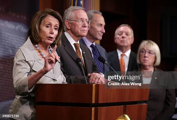 House Minority Leader Rep. Nancy Pelosi speaks as Senate Minority Leader Sen. Harry Reid , Sen. Charles Schumer , Senate Minority Whip Sen. Richard...