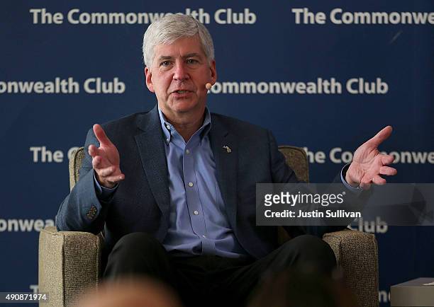 Michigan Governor Rick Snyder speaks at the Commonwealth Club on October 1, 2015 in San Francisco, California. Snyder joined Ford Motor Company...