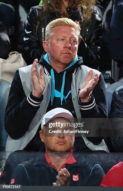 Boris Becker and Marian Vajda watch on as Novak Djokovic of Serbia plays Philipp Kohlshreiber of Germany during day five of the Internazionali BNL...