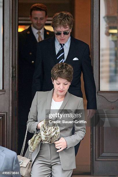 Robert Redford is seen as he leaving a hotel with his wife Sibylle Szaggars on March 16, 2011 in London, United Kingdom.