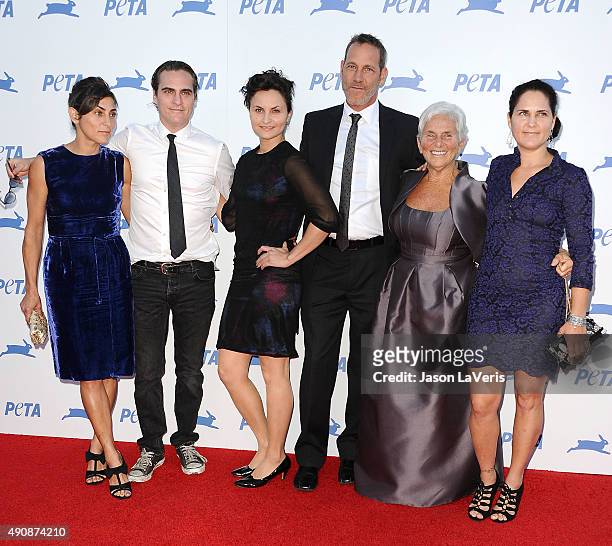 Actors Joaquin Phoenix, Arlyn Phoenix, Rain Phoenix, Liberty Phoenix, Jeffrey Weisberg and Summer Phoenix attend PETA's 35th anniversary party at...