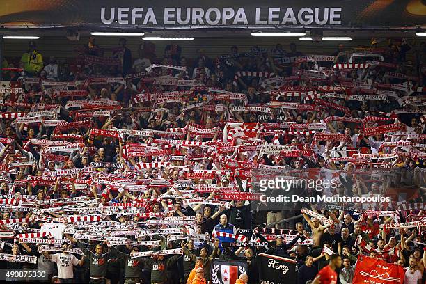 Sion fans show their support during the UEFA Europa League group B match between Liverpool FC and FC Sion at Anfield on October 1, 2015 in Liverpool,...