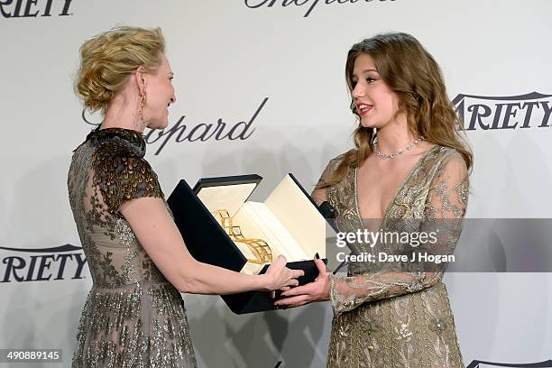 Cate Blanchett and Adele Exarchopoulos pose onstage at the Chopard Trophy during the 67th Annual Cannes Film Festival on May 15, 2014 in Cannes,...