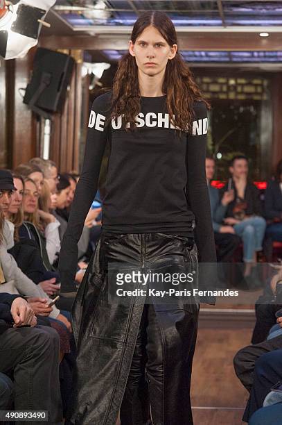 Model walks the runway during the Vetements show as part of the Paris Fashion Week Womenswear Spring/Summer 2016 on October 1, 2015 in Paris, France.