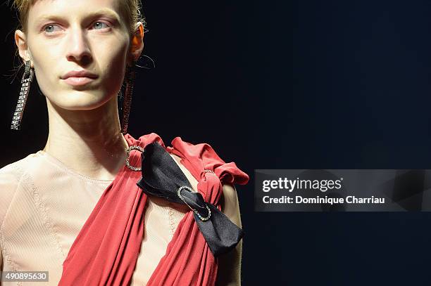 Models, belt detail, walks the runway during the Lanvin show as part of the Paris Fashion Week Womenswear Spring/Summer 2016 on October 1, 2015 in...