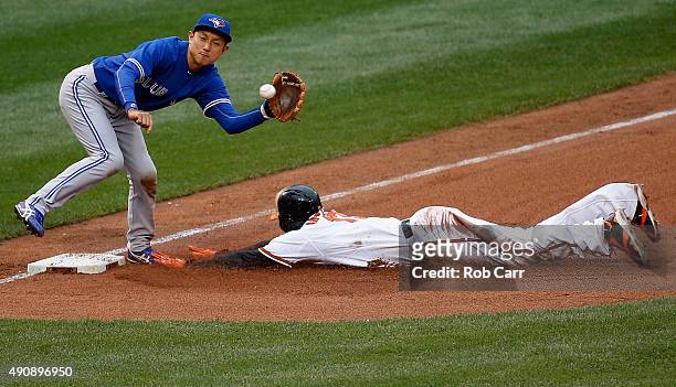 Manny Machado of the Baltimore Orioles steals third base as Munenori Kawasaki of the Toronto Blue Jays waits for the throw during the fourth inning...