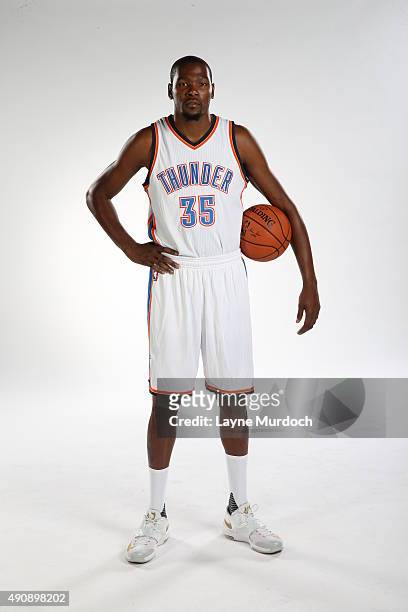 Kevin Durant of the Oklahoma City Thunder poses for a portrait during 2015 NBA Media Day on September 28, 2015 at the Thunder Events Center in...
