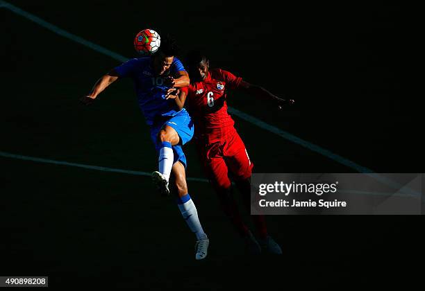 Hector Morales of Cuba battles Fidel Escobar of Panama for a head ball during the 2015 CONCACAF Olympic Qualifying match at Sporting Park on October...