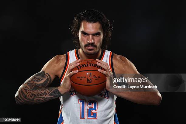 Steven Adams of the Oklahoma City Thunder poses for a portrait during 2015 NBA Media Day on September 28, 2015 at the Thunder Events Center in...