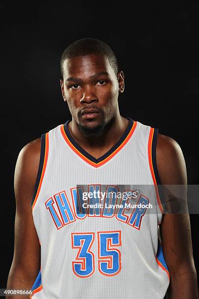 Kevin Durant of the Oklahoma City Thunder poses for a portrait during 2015 NBA Media Day on September 28, 2015 at the Thunder Events Center in...