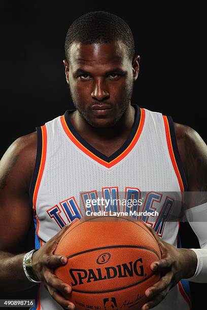 Dion Waiters of the Oklahoma City Thunder poses for a portrait during 2015 NBA Media Day on September 28, 2015 at the Thunder Events Center in...