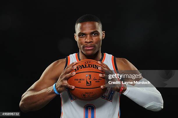 Russell Westbrook of the Oklahoma City Thunder poses for a portrait during 2015 NBA Media Day on September 28, 2015 at the Thunder Events Center in...
