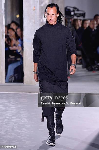 Designer Rick Owens walks the runway during the Rick Owens show as part of the Paris Fashion Week Womenswear Spring/Summer 2016 on October 1, 2015 in...