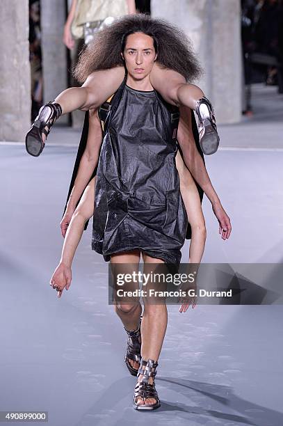 Models walks the runway during the Rick Owens show as part of the Paris Fashion Week Womenswear Spring/Summer 2016 on October 1, 2015 in Paris,...