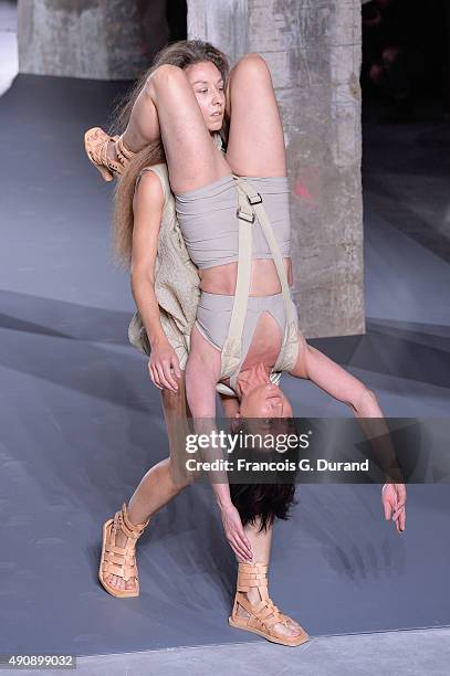 Models walks the runway during the Rick Owens show as part of the Paris Fashion Week Womenswear Spring/Summer 2016 on October 1, 2015 in Paris,...