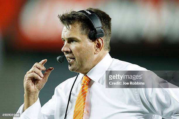 Head coach Al Golden of the Miami Hurricanes looks on against the Cincinnati Bearcats in the first half at Nippert Stadium on October 1, 2015 in...