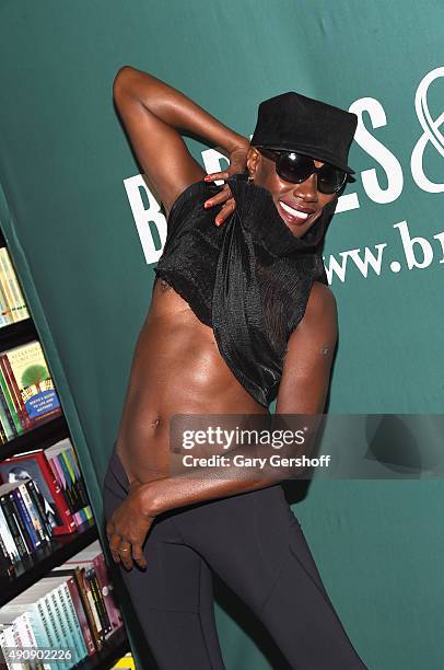 Grace Jones attends Grace Jones In Conversation With Tom Santopietro at Barnes & Noble Union Square on October 1, 2015 in New York City.