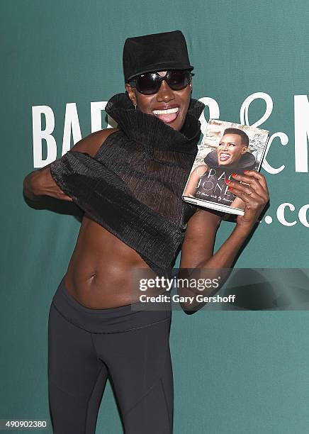 Grace Jones attends Grace Jones In Conversation With Tom Santopietro at Barnes & Noble Union Square on October 1, 2015 in New York City.