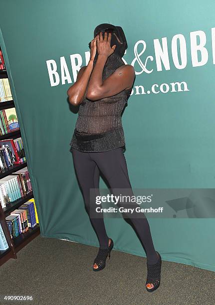 Grace Jones attends Grace Jones In Conversation With Tom Santopietro at Barnes & Noble Union Square on October 1, 2015 in New York City.