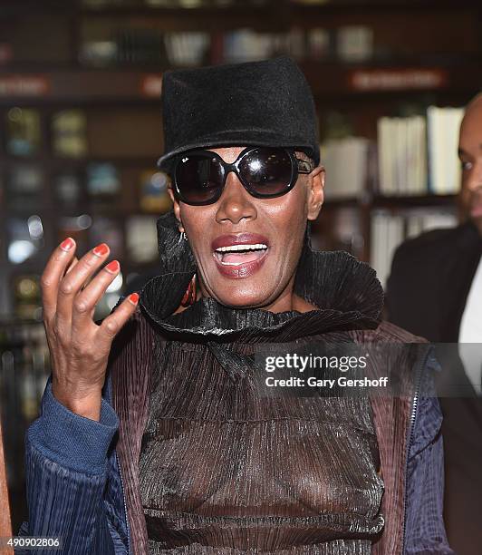 Grace Jones attends Grace Jones In Conversation With Tom Santopietro at Barnes & Noble Union Square on October 1, 2015 in New York City.