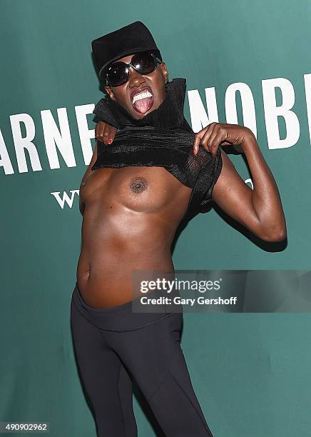 Grace Jones attends Grace Jones In Conversation With Tom Santopietro at Barnes & Noble Union Square on October 1, 2015 in New York City.