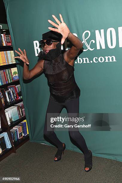 Grace Jones attends Grace Jones In Conversation With Tom Santopietro at Barnes & Noble Union Square on October 1, 2015 in New York City.