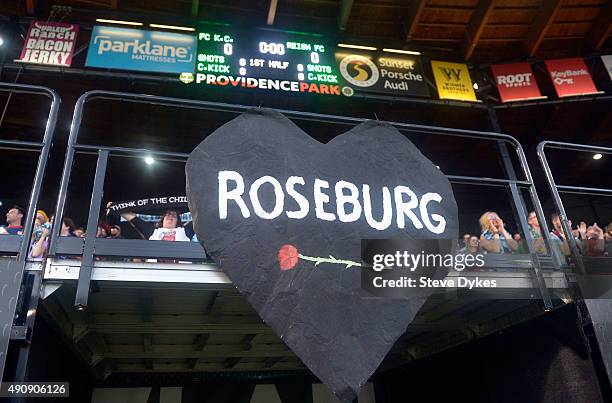 Sign commemorating the shootings in Roseburg, Oregon hand in the stands during the game between the Seattle Reign FC and the FC Kansas City at...