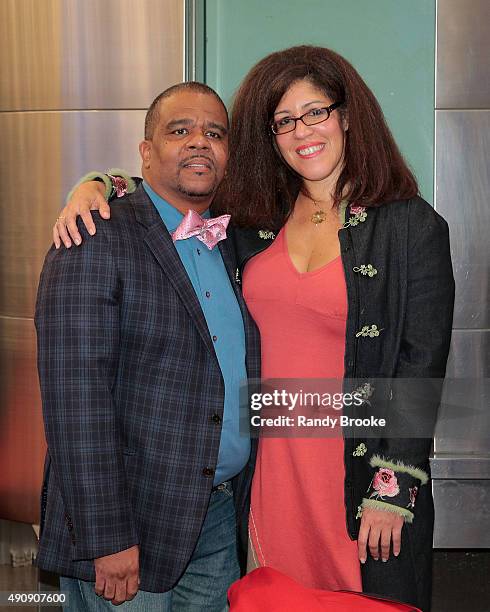 Richard Pryor's children Rain Pryor and Richard Pryor Jr. Show their father's Walk of Fame induction plaque during the 2015 Apollo Theater Walk of...