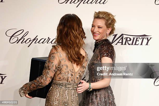 Actors Cate Blanchett and Adele Exarchopoulos attend the Chopard Trophy during the 67th Annual Cannes Film Festival on May 15, 2014 in Cannes, France.