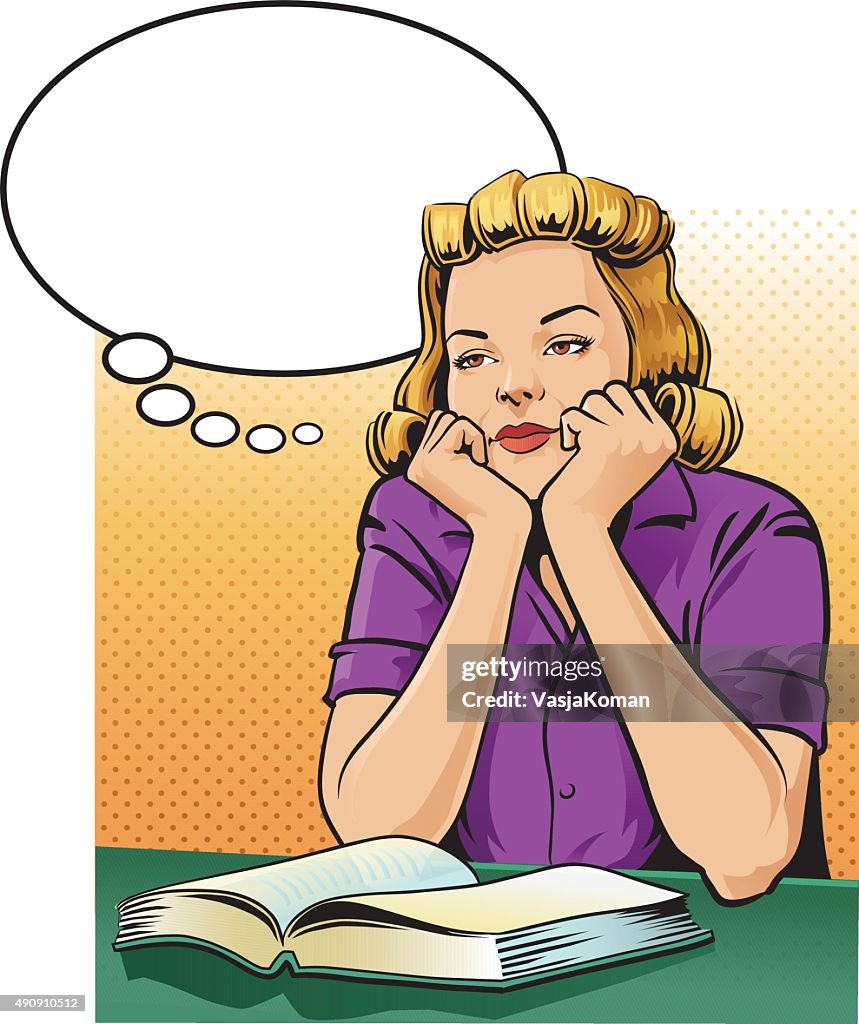 Retro Style Woman With Book Daydreaming - Speech Balloon