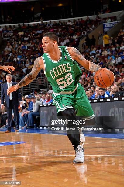 Chris Babb of the Boston Celtics drives against the Philadelphia 76ers at the Wells Fargo Center on April 14, 2014 in Philadelphia, Pennsylvania....