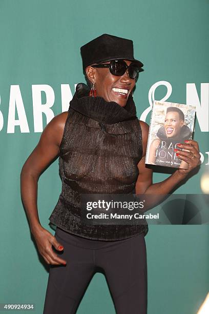 Grace Jones attends "Grace Jones in Conversation with Tom Santopietro" at Barnes & Noble Union Square on October 1, 2015 in New York City.