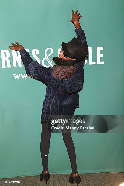 Grace Jones attends "Grace Jones in Conversation with Tom Santopietro" at Barnes & Noble Union Square on October 1, 2015 in New York City.