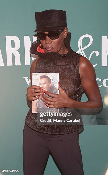 Grace Jones attends "Grace Jones in Conversation with Tom Santopietro" at Barnes & Noble Union Square on October 1, 2015 in New York City.