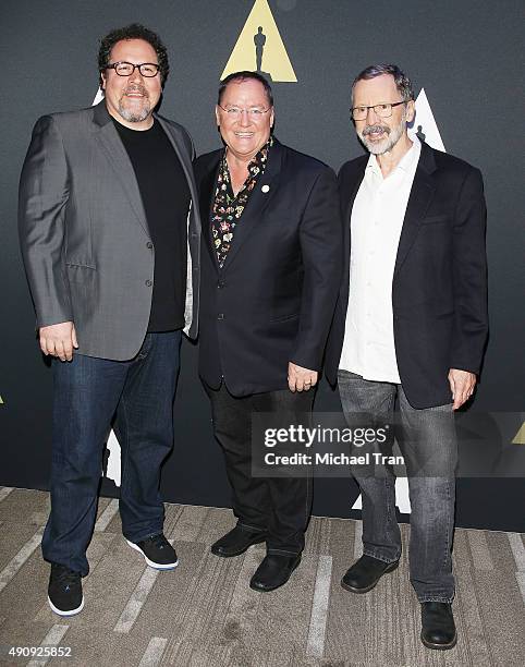 Jon Favreau, John Lasseter and President of Pixar Animation Studios and Walt Disney Animation Studios, Edwin Catmull attends The Academy Of Motion...
