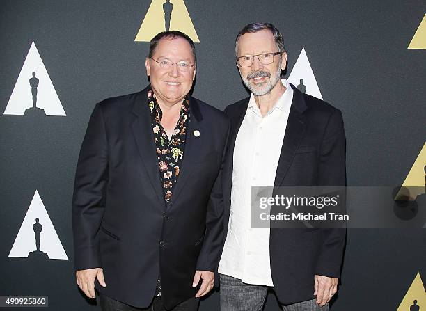 John Lasseter and President of Pixar Animation Studios and Walt Disney Animation Studios, Edwin Catmull attends The Academy Of Motion Picture Arts...