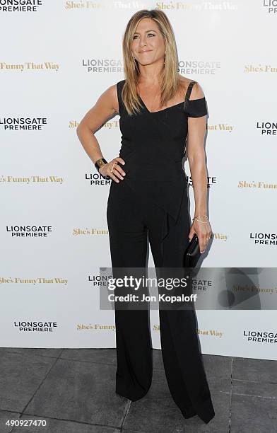 Actress Jennifer Aniston arrives at the Los Angeles Premiere "She's Funny That Way" at Harmony Gold on August 19, 2015 in Los Angeles, California.