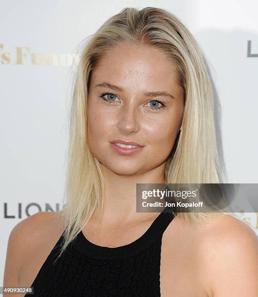 Model Genevieve Morton arrives at the Los Angeles Premiere "She's Funny That Way" at Harmony Gold on August 19, 2015 in Los Angeles, California.