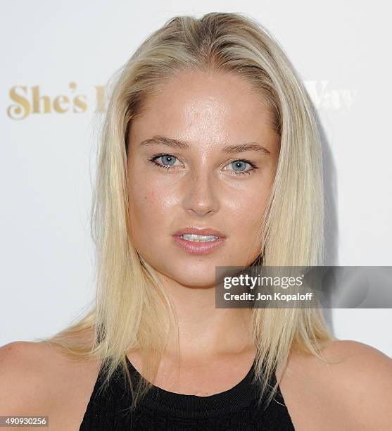 Model Genevieve Morton arrives at the Los Angeles Premiere "She's Funny That Way" at Harmony Gold on August 19, 2015 in Los Angeles, California.