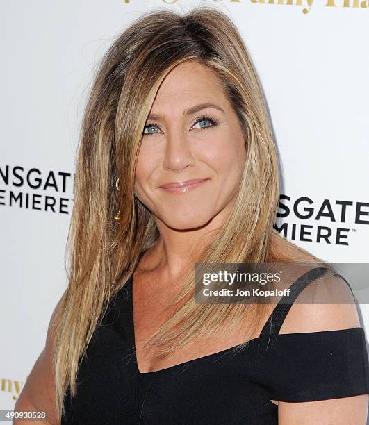 Actress Jennifer Aniston arrives at the Los Angeles Premiere "She's Funny That Way" at Harmony Gold on August 19, 2015 in Los Angeles, California.