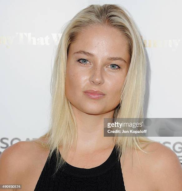 Model Genevieve Morton arrives at the Los Angeles Premiere "She's Funny That Way" at Harmony Gold on August 19, 2015 in Los Angeles, California.